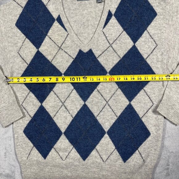 Lord & Taylor Mens XL 100% Lambs wool VNeck Grey Blue Argyle Sweater - Picture 4 of 6